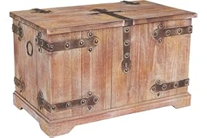 Household Essentials Decorative Trunk, Victorian, Large, Chinese Fir Wood, Aged-Wood Finish with Metal Accents, Fully Opening Lid, Stout Design, Ring Handles