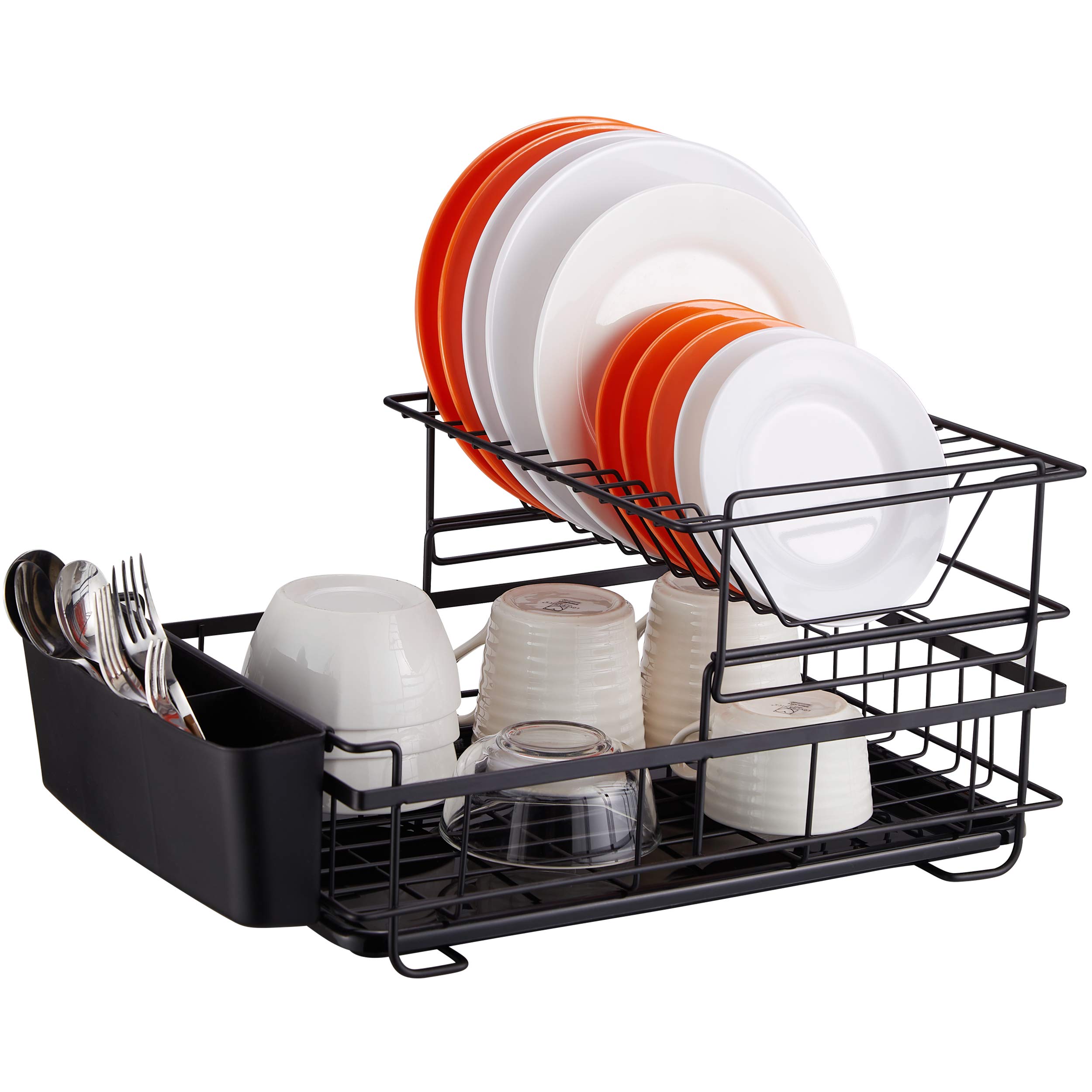 Dish Rack, NATUROUS 2 Tier Dish Drying Rack Kitchen Organizer with Drain Board, Utensil Holder, Black