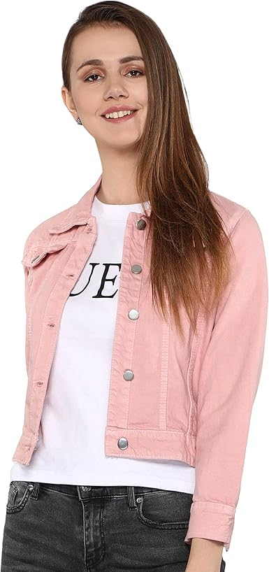 Pink denim jacket womens india Clearance
