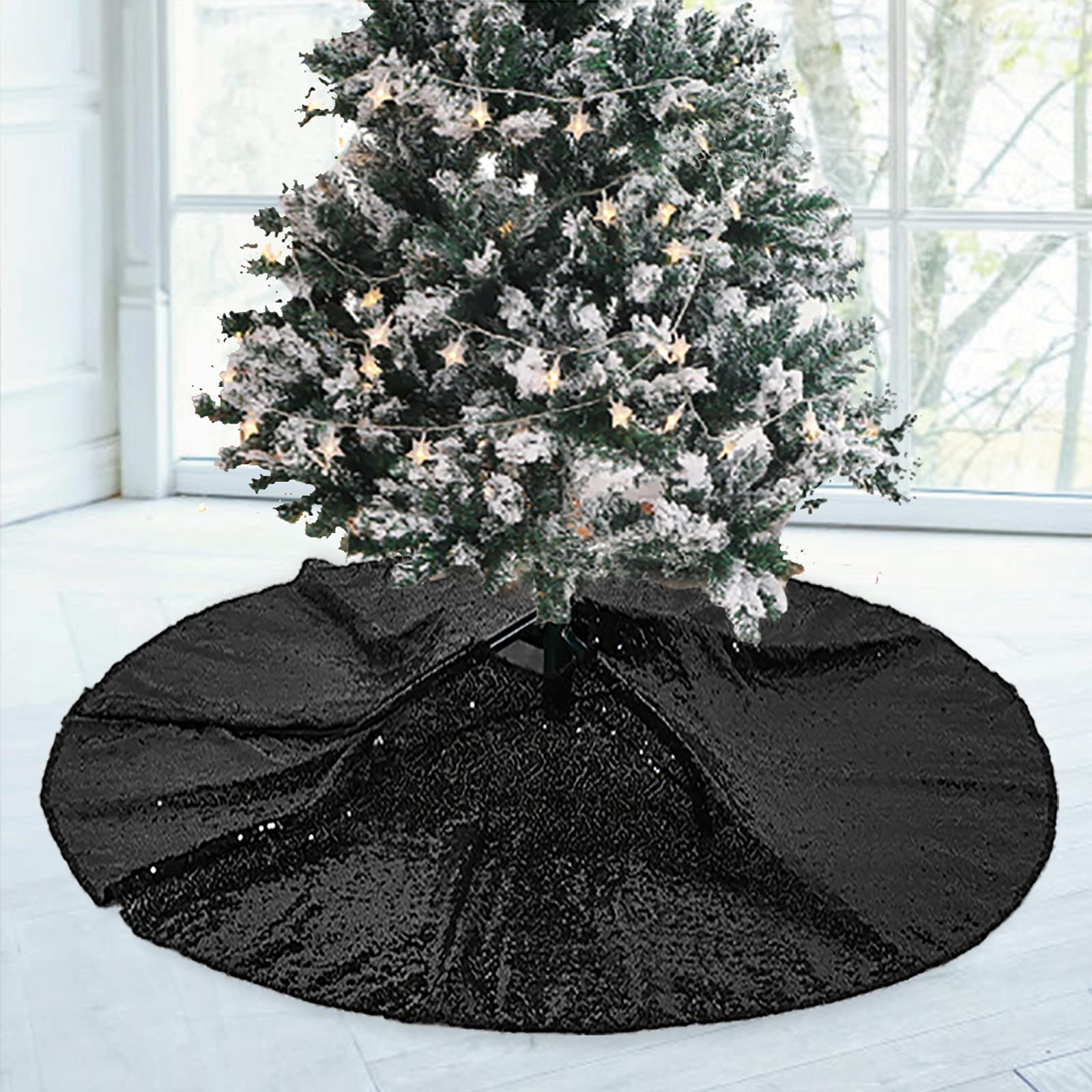 Photo 1 of ShinyBeauty 48" Sequin Christmas Tree Skirt | Reversible Black Holiday Decor for 6-9ft Trees | Vintage Sparkling Xmas Mat for Festive & Halloween Themes