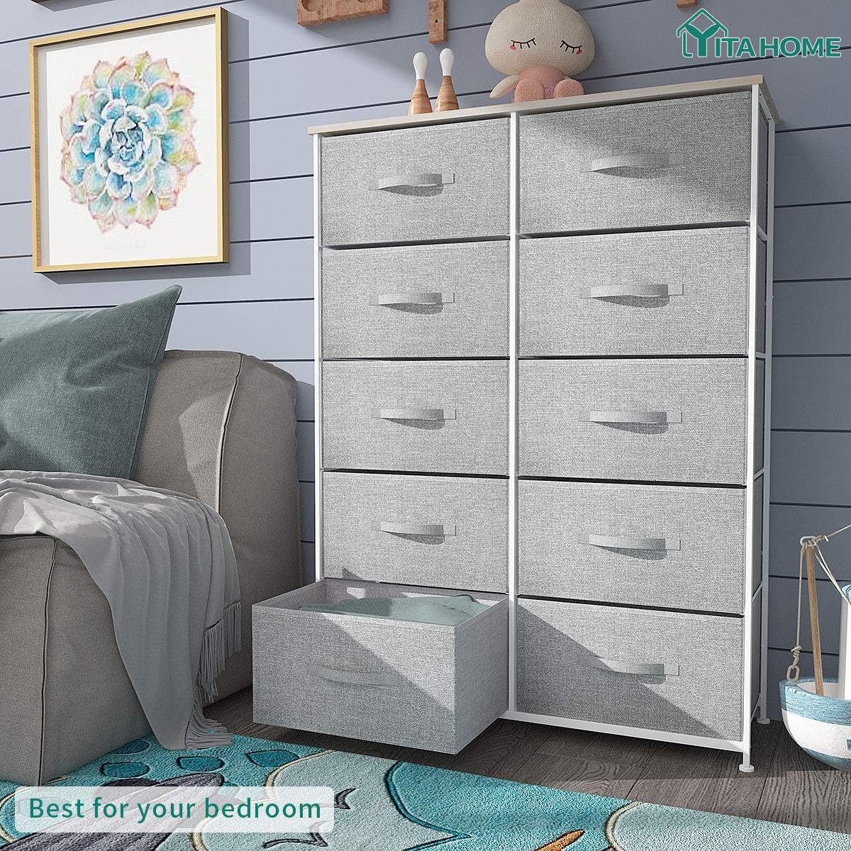 YITAHOME 10 Drawer Dresser - Fabric Storage Tower, Organizer Unit for Bedroom, Living Room, Hallway, Closets & Nursery - Sturdy Steel Frame, Wooden Top & Easy Pull Fabric Bins (Cool Gray) : Home Improvement