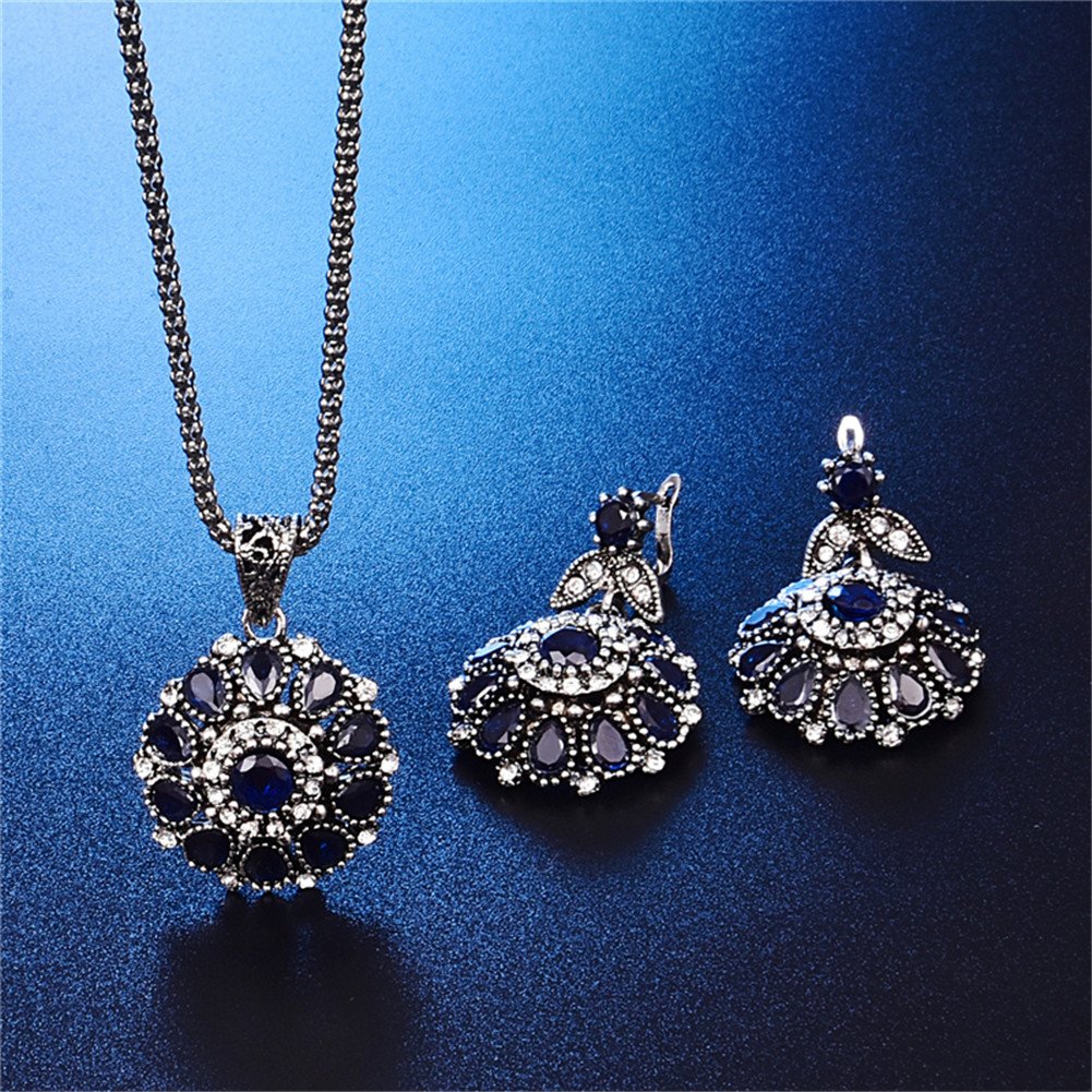 Vintage Gemstone Flower Bead 4pcs Jewelry Set, Women Necklace Earring Bracelet - Blue + Ring Size #8