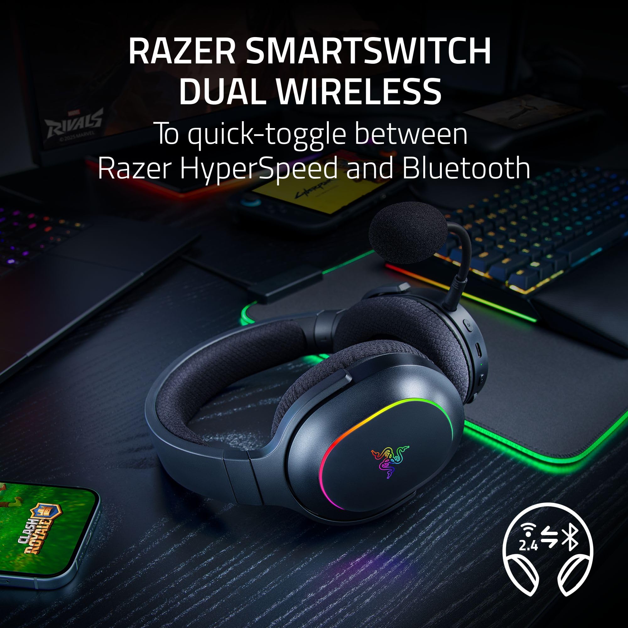 Razer Barracuda X Chroma Wireless Gaming Headset: 2.4GHz Wireless & Bluetooth - Lightweight - Chroma RGB - 40mm Drivers - Cardioid Mic - 70 Hr Battery - for PC, Mac, PS5, Switch 2, Smartphone - Black
