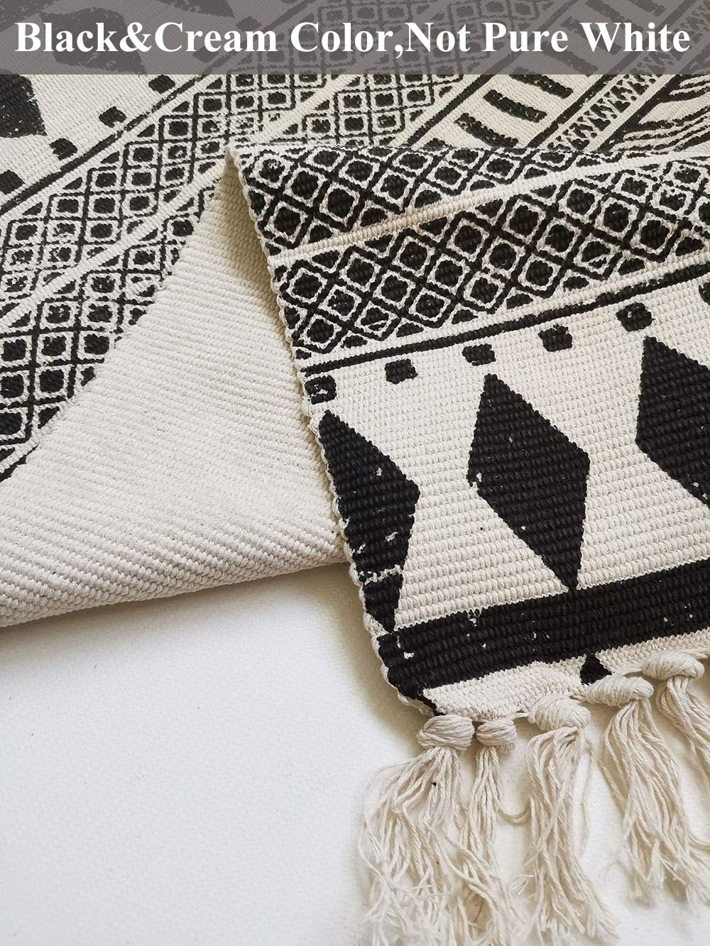 HEBE Cotton Area Rug Set 2 Piece 2'x3'+2'x4.2' Machine Washable Black and Cream White Hand Woven Cotton Rug with Tassels Cotton Area Rug Runner for Living Room, Kitchen Floor, Laundry Room: Kitchen & Dining