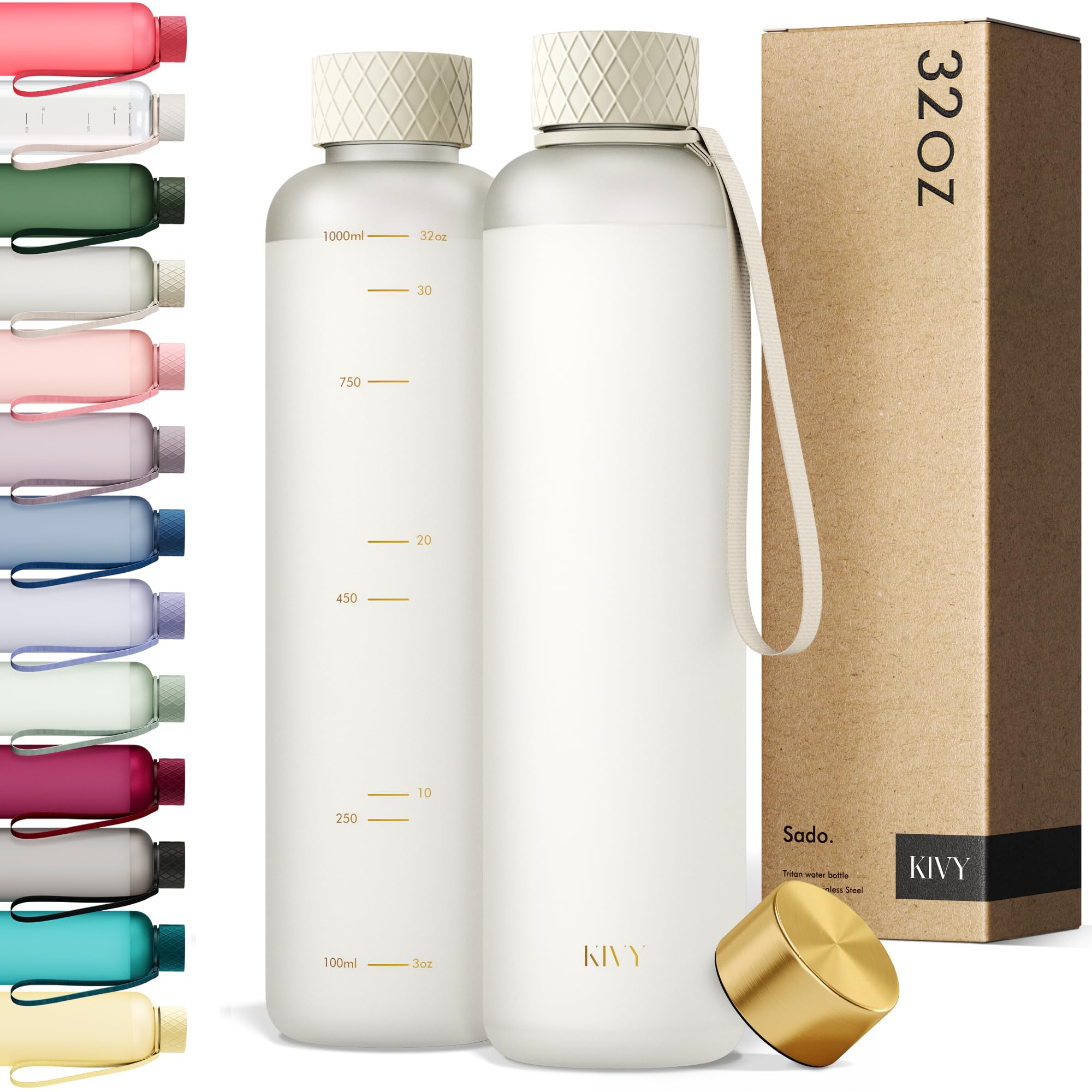 Photo 1 of KIVY Slim Water Bottle 32oz [Lightweight & Shatterproof] Fits Cupholder & Backpack - Dishwasher safe water bottle no straw - Cute aesthetic water bottles screw top - Bpa free, Gold, White water bottle
