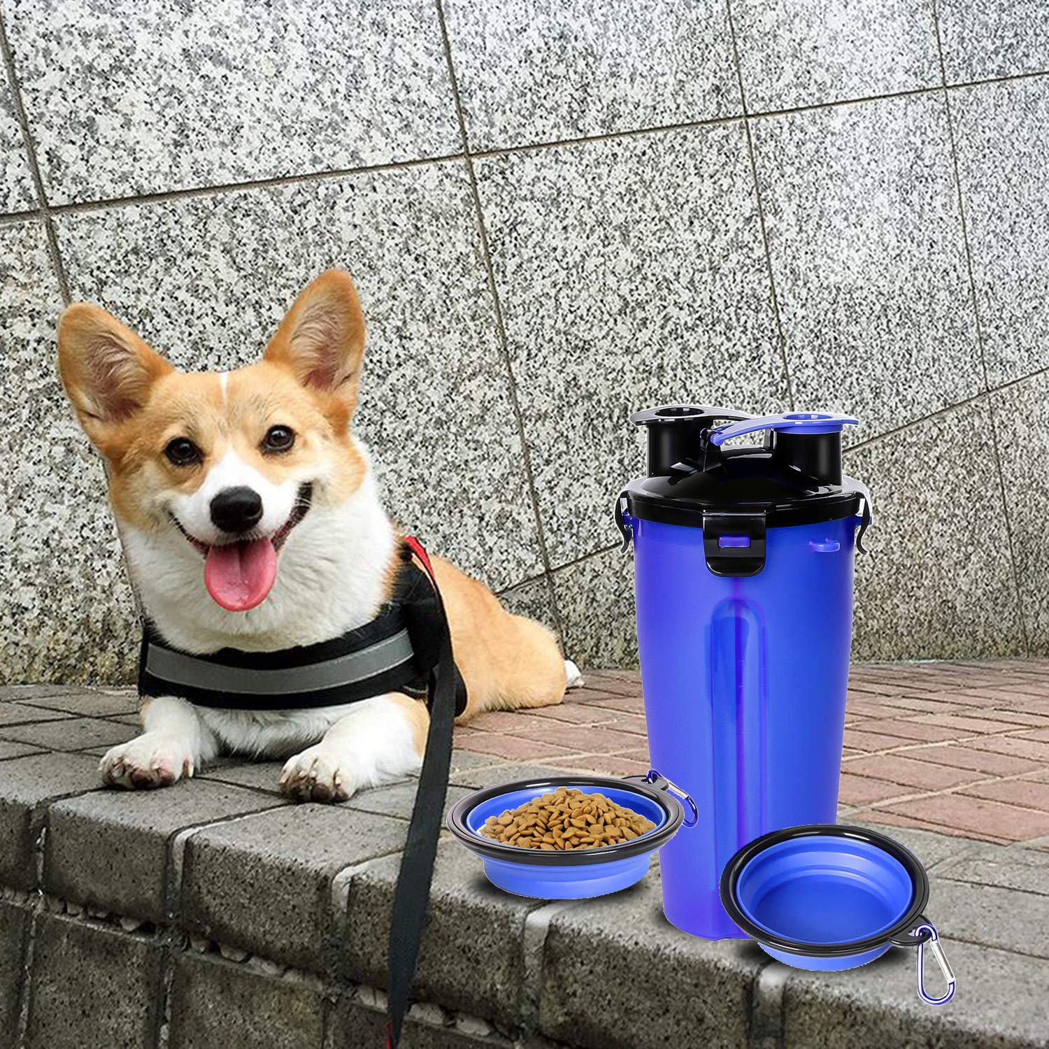 VIPpet Dog Travel Water Bottle Bowls Upgraded 2 in 1 Portable Dog Travel Water Dispenser with 2 Collapsible Silicone Bowls for Outdoor Walking Hiking Travelling