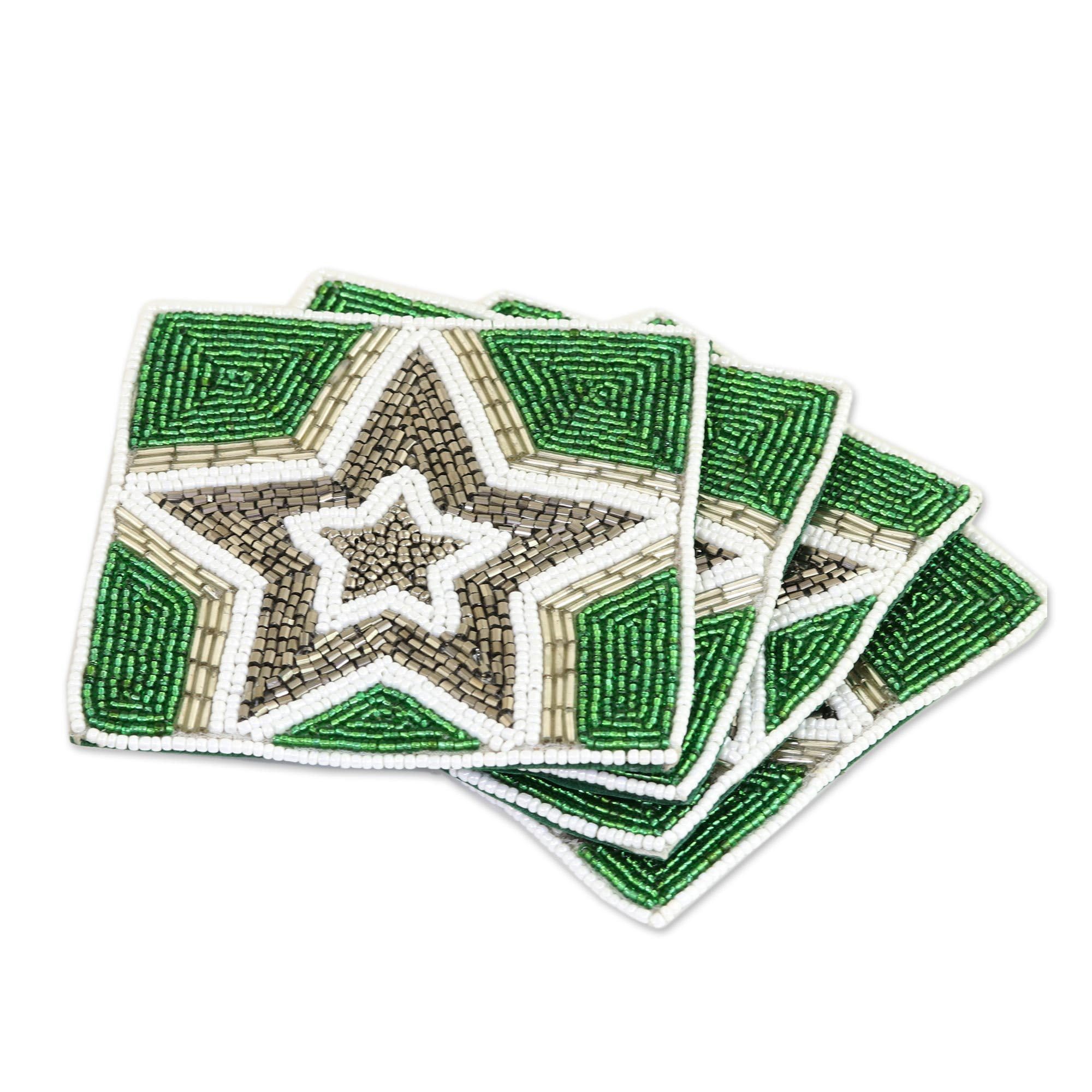 NOVICA Dazzling Star Glass Beaded Coasters (Set of 4), Green