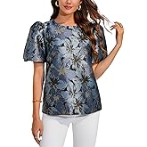 Kedera Women's Floral Jacquard Shirt Crewneck Puff Sleeve Blouse Elegant Work Shift Tops