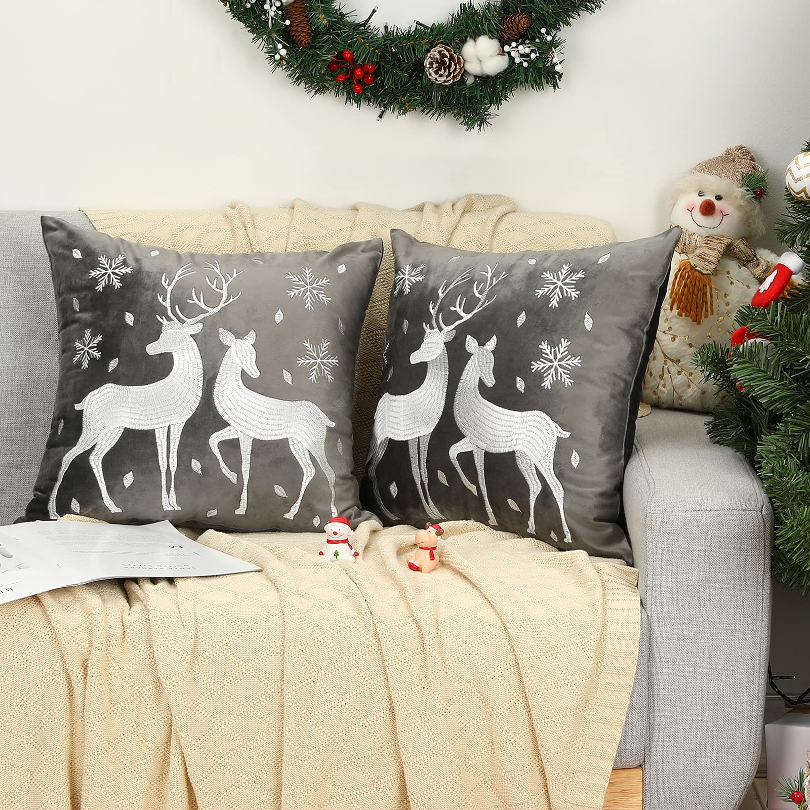 Lewondr Christmas Pillow Covers, Xmas Reindeer Embroidery Decorative Cushion Covers 18 x18 Soft Velvet Pillowcase 2Pack for Holiday Home Christmas Decor Luxurious Sofa Cushions, Gray