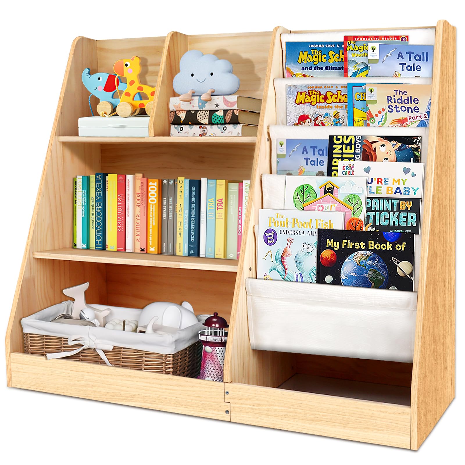 Photo 1 of 3 Tier Wooden Bookshelf for Kids: Five Layer Sling Children Bookcase - Toddler Book Toy Organizer Cabinet Chest for Playroom Nursery Classroom Library