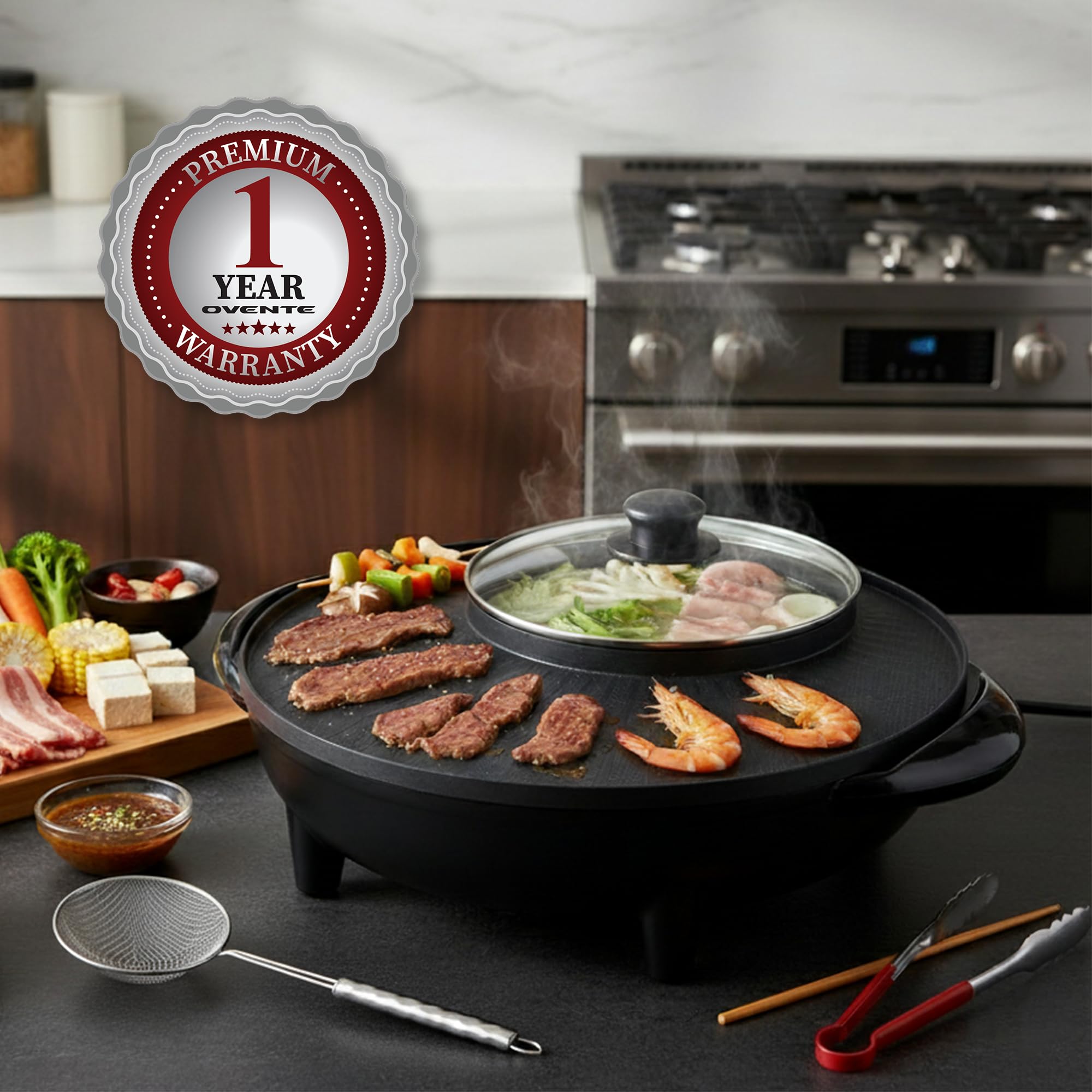 OVENTE Electric Hot Pot and Grill Combo, 2-in-1 Portable Countertop Cooker with Temperature Control Perfect for Korean BBQ, Shabu Shabu and Soup with Free Strainer, Chopsticks and Tong, Black GH10133B