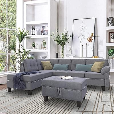 Sectional Sofa with Chaise Lounge, Ottoman, 3-Seat Couch (Gray)