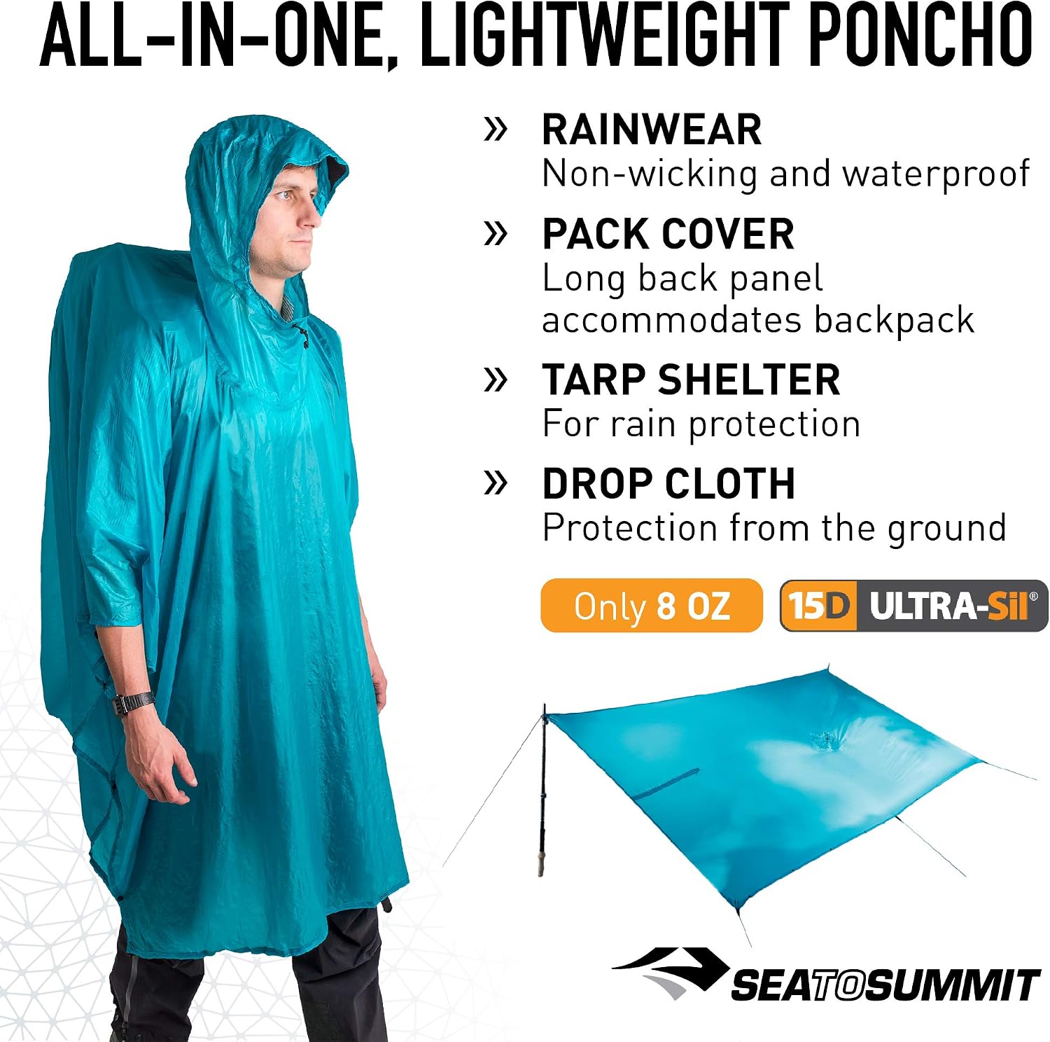 Sea to Summit, Ultra-Sil Nano Tarp Poncho, Ultra-Lightweight & Waterproof Rain Gear, With Hood, Fits A Large Backpack - Image 3