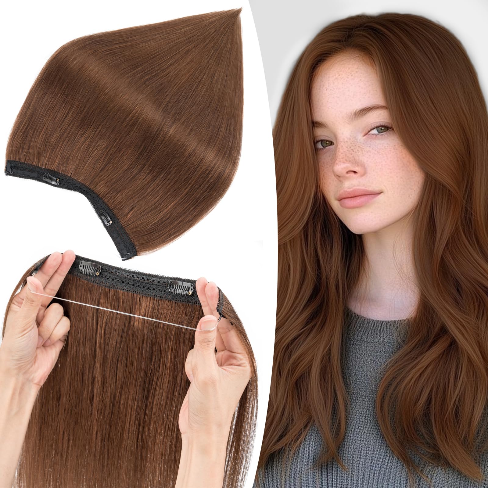 S-noilite Wire Hair Extensions Human Hair Medium Brown Invisible Fish Line Hair Extensions Real Hair One Piece Human Hair Extensions 16 Inch 65g — image 1