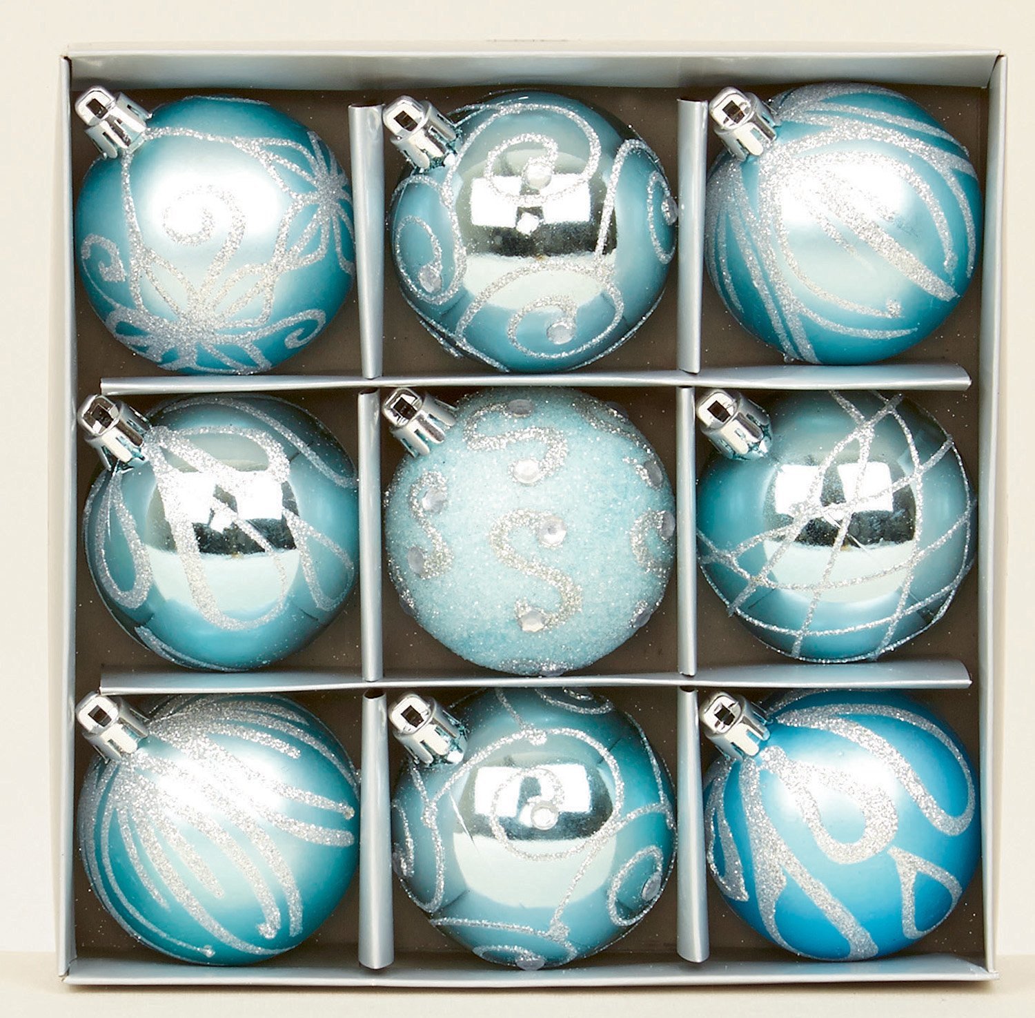 Pack Of 9 - 60mm Ice Blue Decorated Shatterproof Baubles In Box - Tree Trimmings - Christmas Decorations.