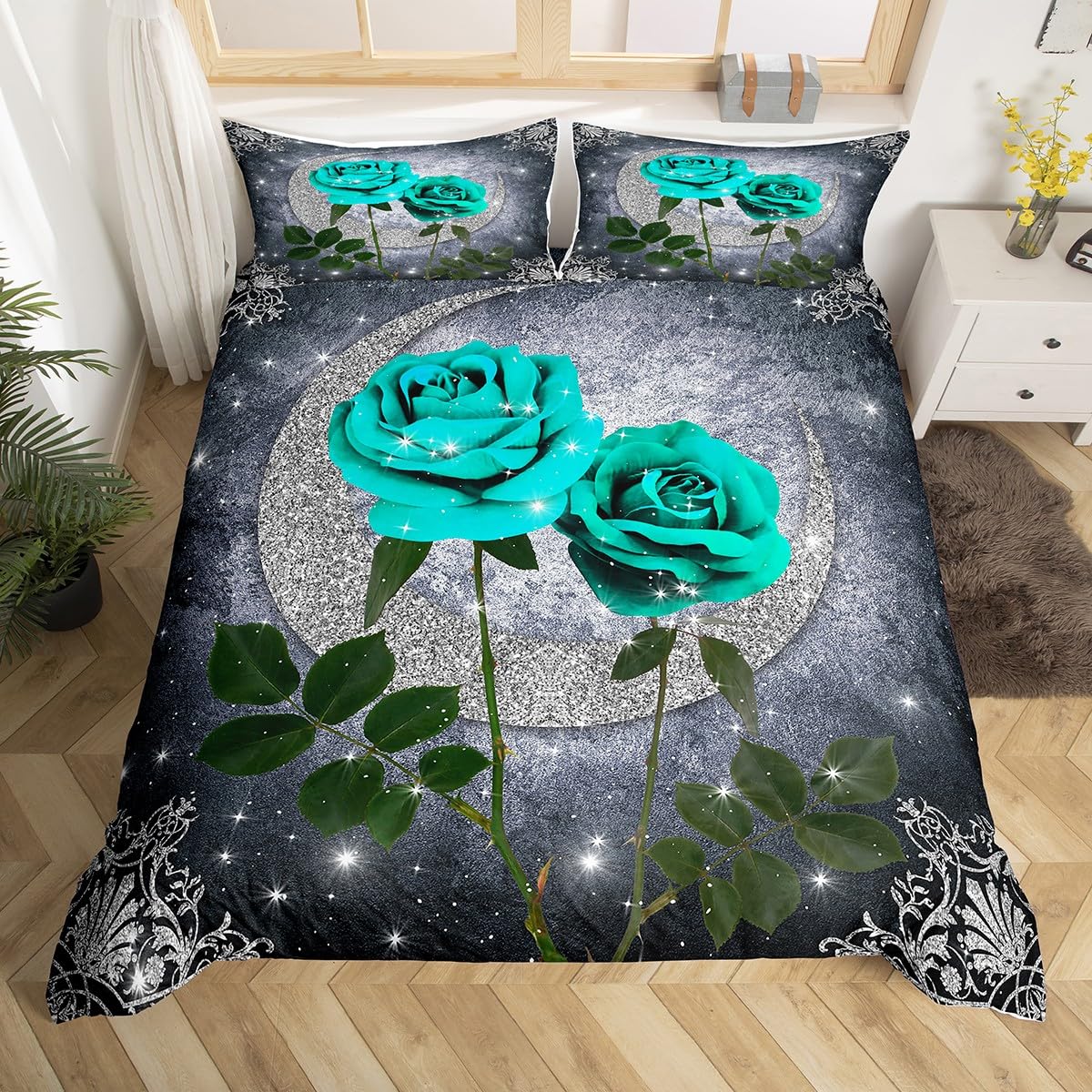 Homewish Teal Rose Bedding Set Silver Moon Duvet Cover King for Women Men Girls,Romantic Floral Galaxy Comforter Cover Flowers Bed Set,Botanical Plant Leaves Bohemian Decor