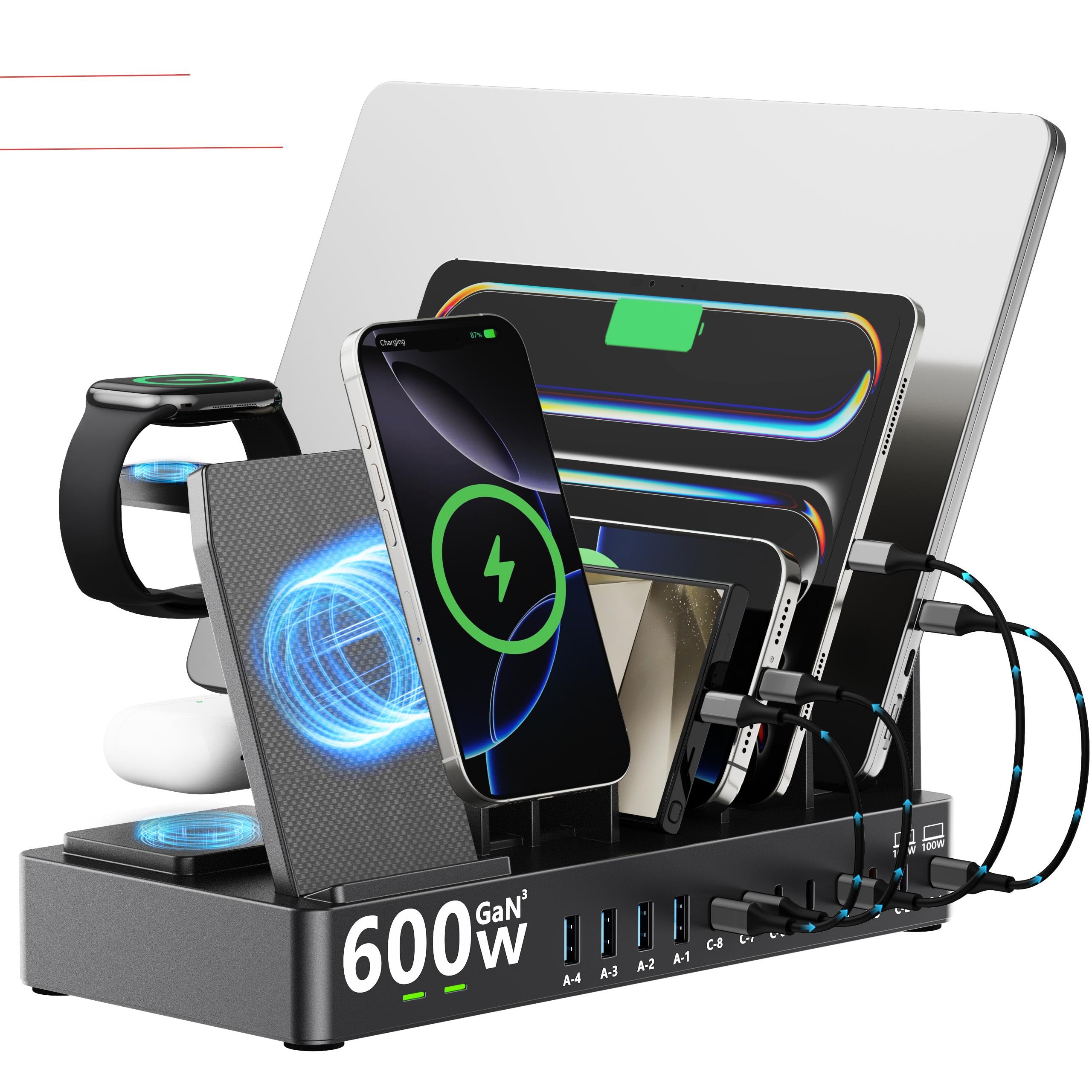 600w Charging Station for Multiple Devices, 15 in 1 Wireless Charger with 2pack 100w USB C Charger Cable, Dual 100w USB C Tablet Charging Station for MacBook,iPhone,iPad,Tablet