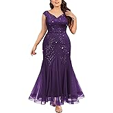 Miusol Women's Plus Size Sequins Lace Tulle Mermaid Hem V-Neck Sleeveless Formal Evening Party Maxi Dress