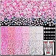 9000PCS Flatback Pearls and Rhinestones for Crafting, Pink White 3-10mm Resin Rhinestones and Half Pearls for Bedazzling, Nail Art and Dec with 3pcs B7000 Jewelry Glue, Tweezer and Pickup Pencil