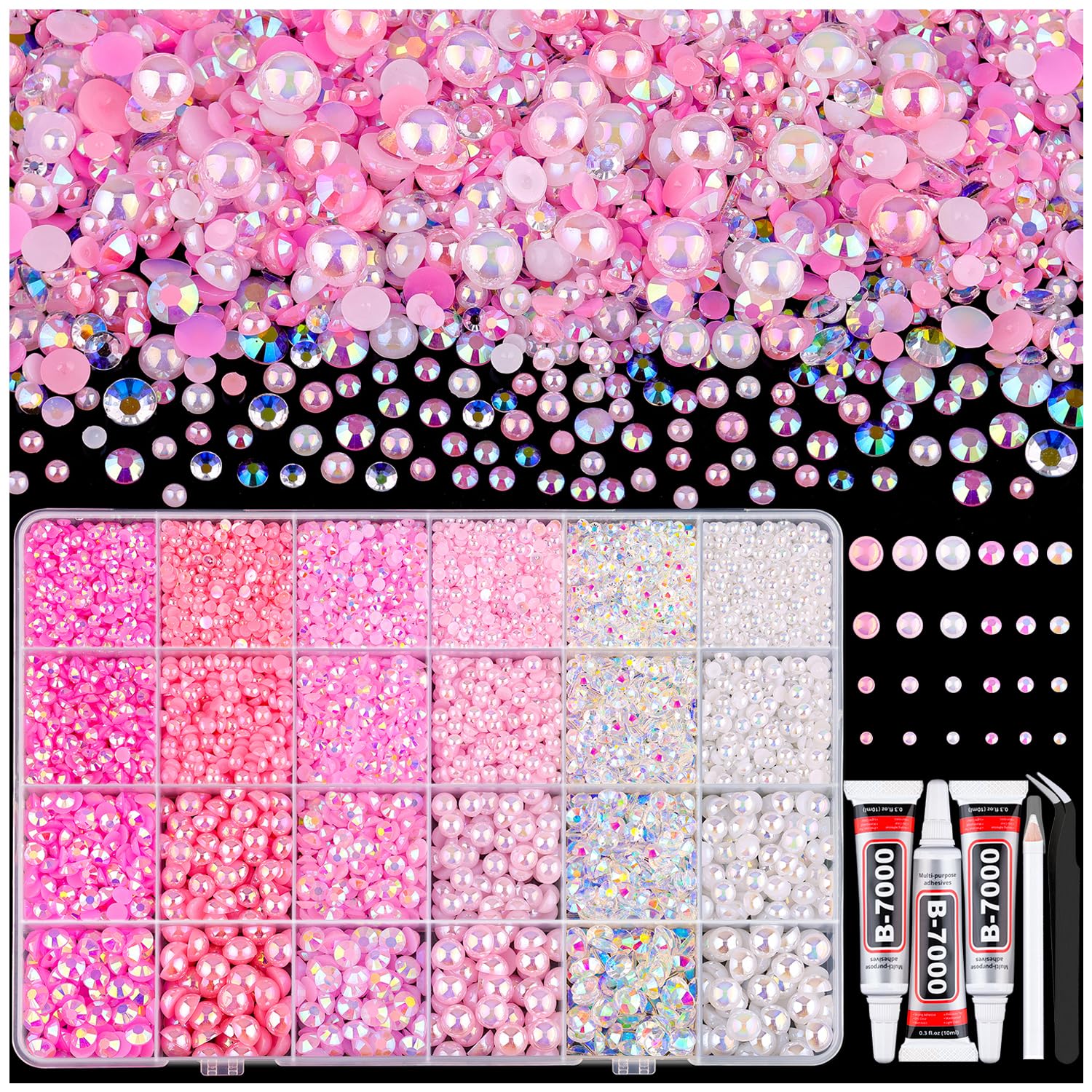 Photo 1 of 9000PCS Flatback Pearls and Rhinestones for Bedazzling, Pink White 3-10mm Resin Rhinestones and Half Pearls for Crafting, Nail Art and Grad Cap Decor with B7000 Jewelry Glue