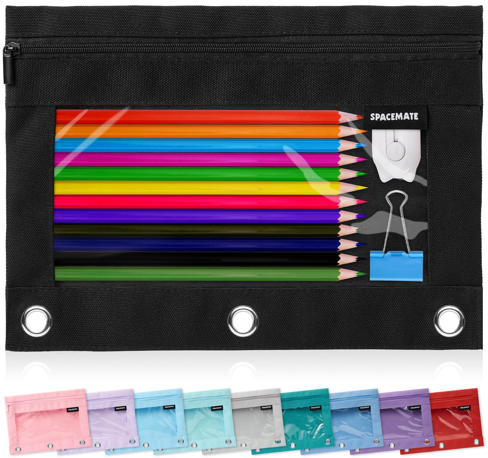 Photo 1 of SPACEMATE Binder Pencil Pouch Case Box Bag for 3 Ring Binder School Supplies Girls Boys Kids, Clear Preppy Stuff Large Aesthetic Pen Organizer, Back to College Stationary, 1 Pack, Coal Black