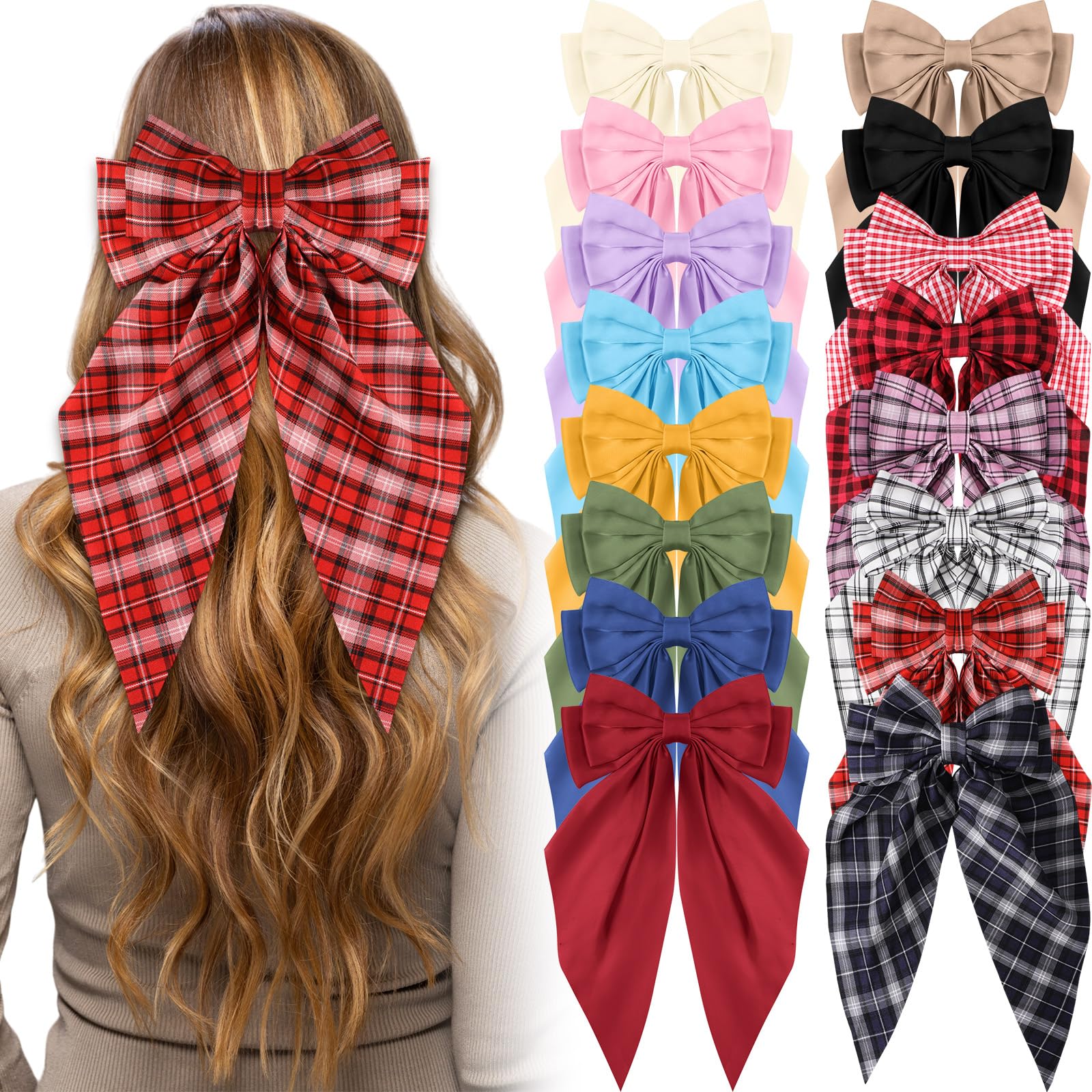 Photo 1 of Hoteam 16 Pcs Silky Satin Hair Bows Bulk for Women Large Hair Ribbons Oversized Bows Oversized Long Tail Large Bow-knot Clips Accessories Gifts(Plaid)