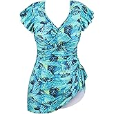 SOTHEA Plus Size Swim Suits for Women One Piece Bathing Suit Modest Swim Dress Tummy Control V Neck Ruffle Swimwear