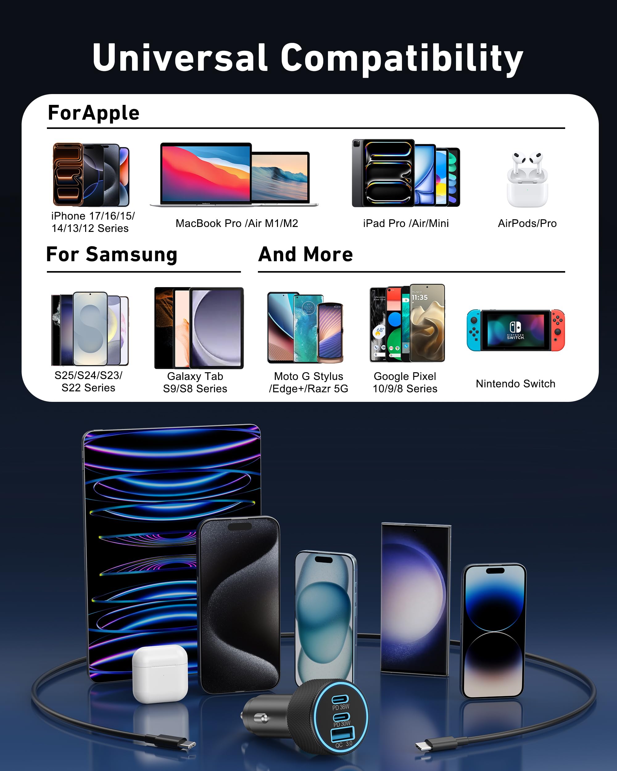 67W 3-Port Super Fast Type C Car Charger USB C for Samsung Galaxy S25 S24 S23 S22 S21 Ultra, iPhone 17/Air/16/15 Pro Max, Android, PD/QC Car Phone Adapter Accessories for Men Women + 3FT USB-C Cable