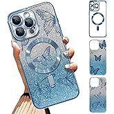 Illians Case Fit for iPhone 16 Pro Max [Compatible with MagSafe] Glitter Bling Case with Camera Protector [2 Pieces of Butterfly Design Insert] Soft Shockproof Anti-Scratch Cover for Women - Blue