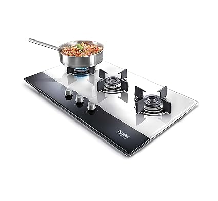 Prestige Hob Glass Top 3 Burner Non Auto Gas Stove, Black/White