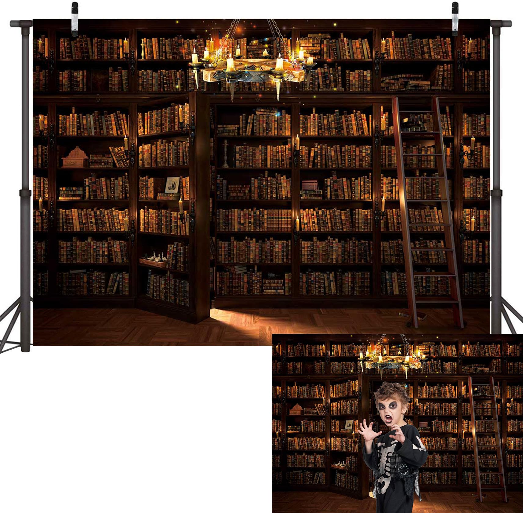 BINQOO 7x5FT Mysterious Wizard Library Backdrop Halloween Magic Book Secret Bookshelf door Background Magician's Place Party Banner Photo Backdrop