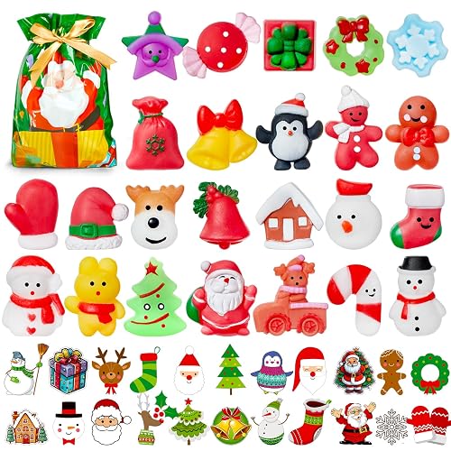 HOUT 24PCS Christmas Mochi Squishy Toys - Mini Stocking Stuffers Kawaii Fidget Party Toy Pack with 24 Stickers Drawstring Bags - Soft Squeezable Relieve Stress Party Bag Fillers for Girls Boys