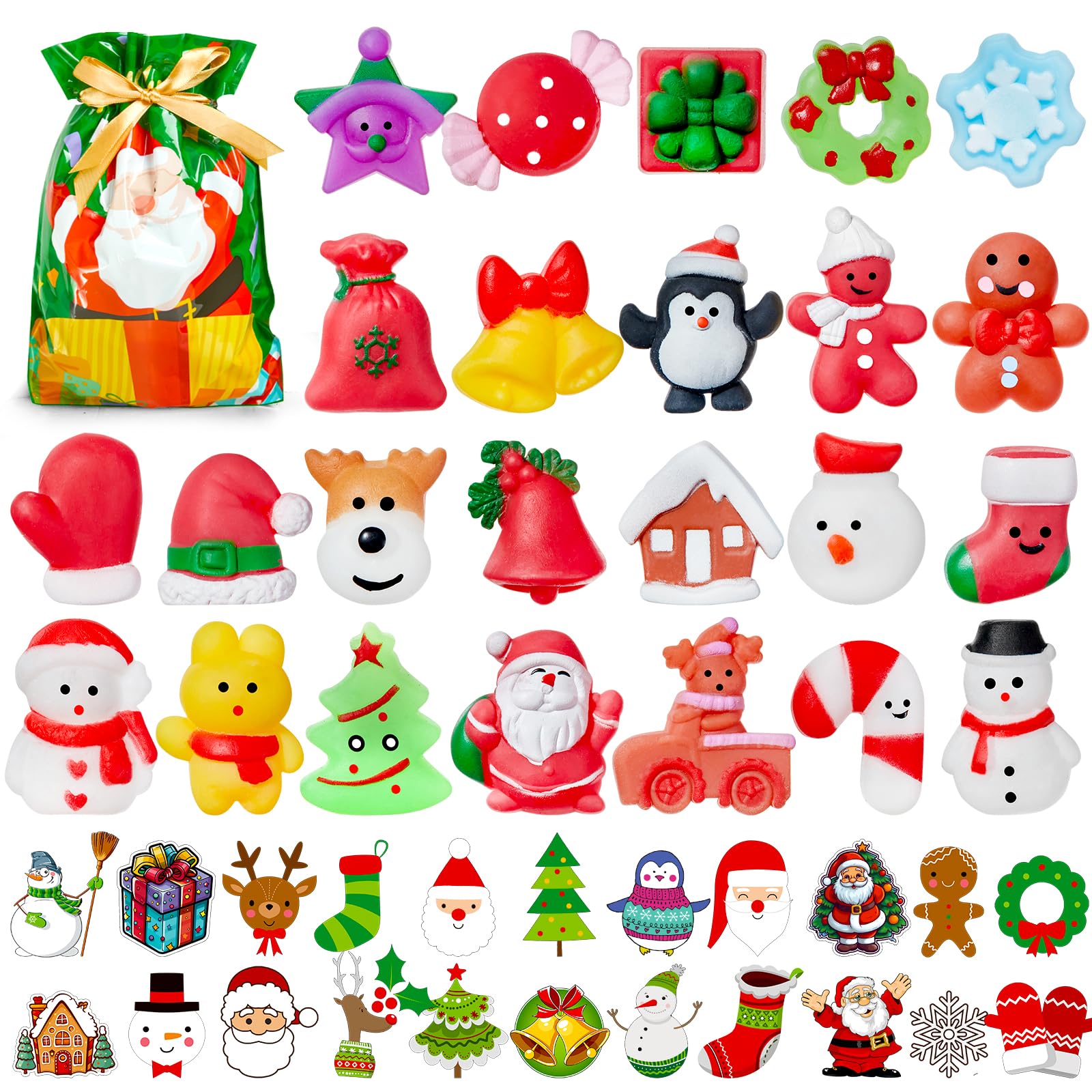 HOUT 24PCS Christmas Mochi Squishy Toys - Mini Stocking Stuffers Kawaii Fidget Party Toy Pack with 24 Stickers Drawstring Bags - Soft Squeezable Relieve Stress Party Bag Fillers for Girls Boys