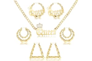 sailimue Chunky Curb Chain Necklace with Bamboo Hoop Earrings Set Gold Plated 80s/90s Punk Hip Hop Rapper Style Accessories Set for Women Girls