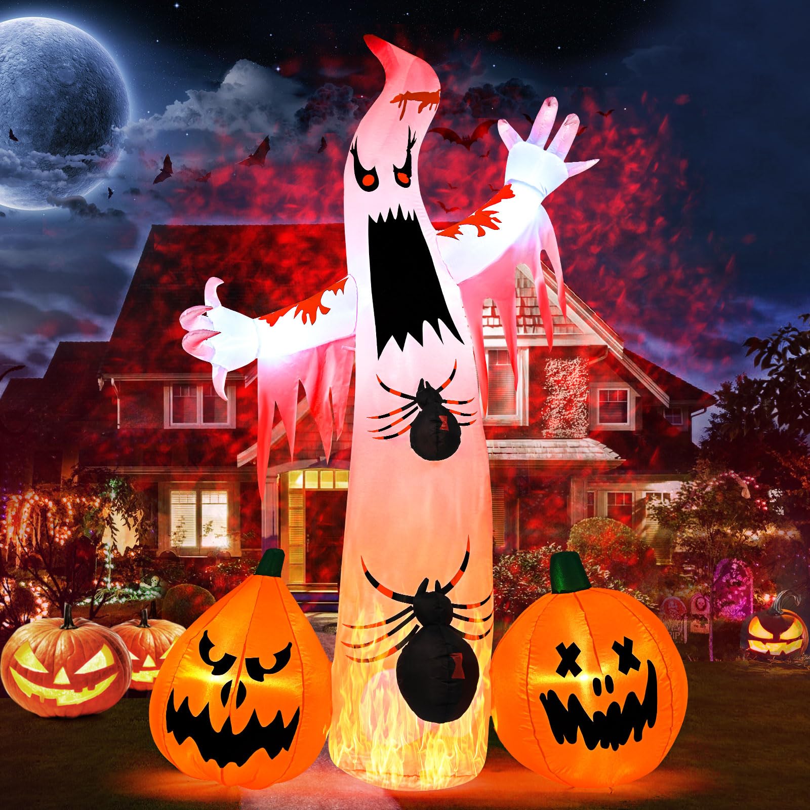 Photo 1 of Kesfitt 8FT Halloween Inflatables Decorations Outdoor Ghost Built-in 2 Flame Flashing Projection Light,Blow Up Yard Inflatables with Pumpkin Spider for Outside Halloween Patio Party Garden Decorations