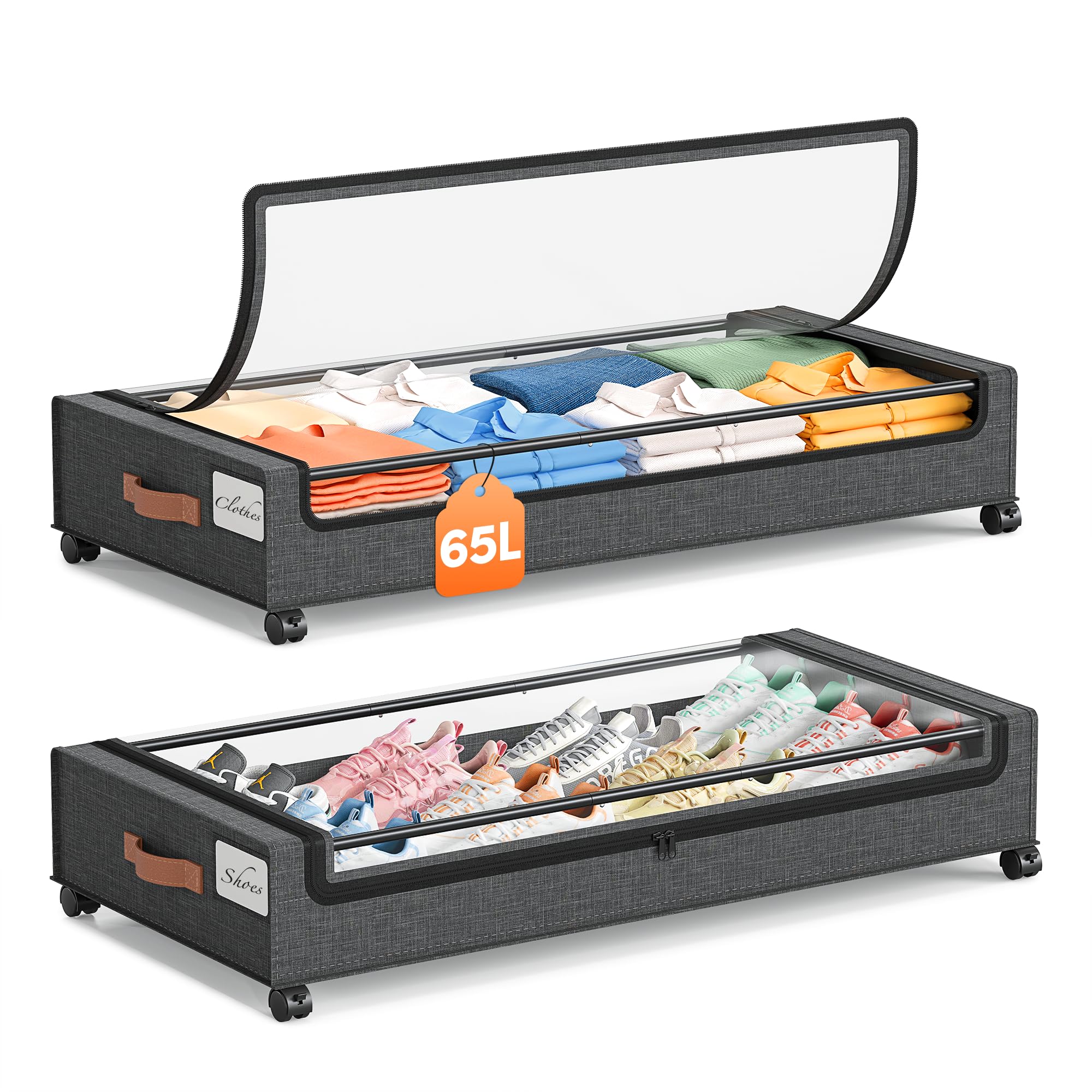 Photo 1 of Yecaye Under Bed Storage with Wheels 2 Pack, 65L Large Capacity Under Bed Storage Containers with Metal Frame & Clear Lid, Rolling Underbed Organizer Bins Drawers for Clothes, Shoes, Blankets, Grey