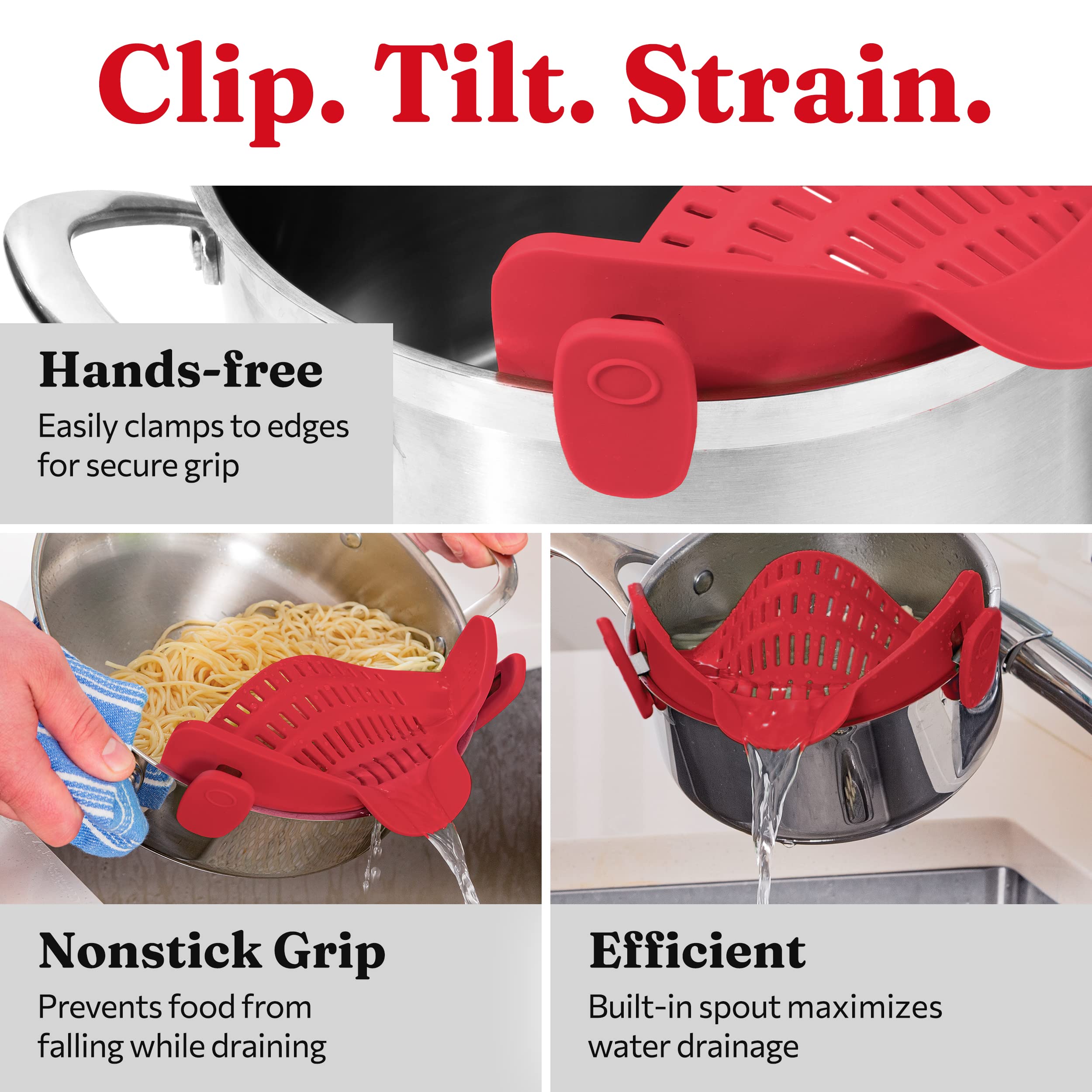 Kitchen Gizmo Snap N Strain Silicone Pot Strainer - Adjustable Clip-On Pasta Strainer for Pots, Pans, and Bowls - Large Red Kitchen Colander