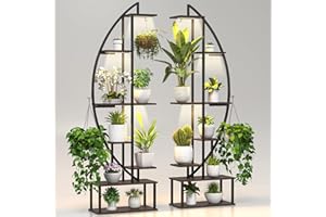 BLAZPATH Plant Stand Shelf Rack Indoor with 6 Built in Grow Light, 7 Tiered 65" Tall Black Large Lighted Half Moon Curved Pla