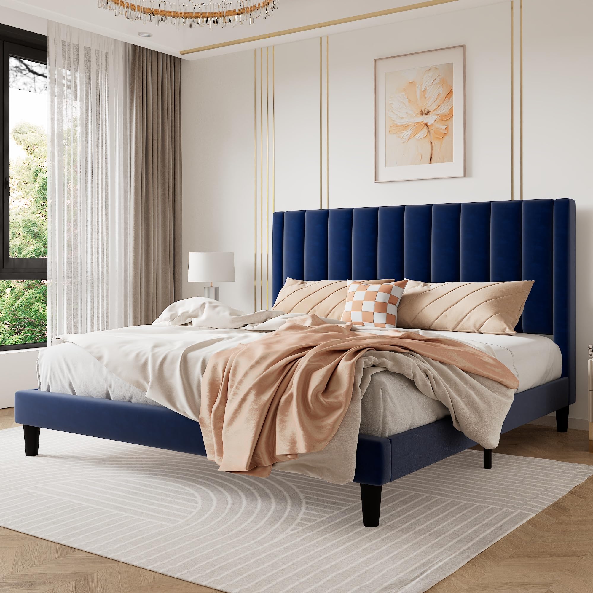 SHA CERLIN King Bed Frame/Velvet Upholstered Platform Bed Frame with Headboard/Strong Wood Slats Support/Mattress Foundation/No Box Spring Needed - Dark Blue Image SHA CERLIN King Bed Frame/Velvet Upholstered Platform Bed Frame with Headboard/Strong Wood Slats Support/Mattress Foundation/No Box Spring Needed - Dark Blue Image