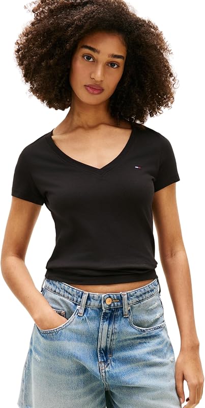 Damen 3er Pack T-Shirts Kurzarm V-Neck aus Baumwolle, Mehrfarbig (Black/Ecru/Dark Night Navy), M