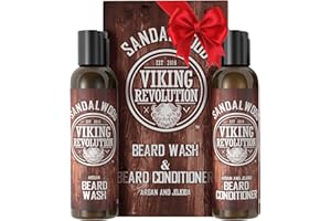 Viking Revolution Beard Wash & Beard Conditioner Set w/Argan & Jojoba Oils - Softens & Strengthens - Natural Beard Shampoo w/Beard Oil Sandalwood (5oz)