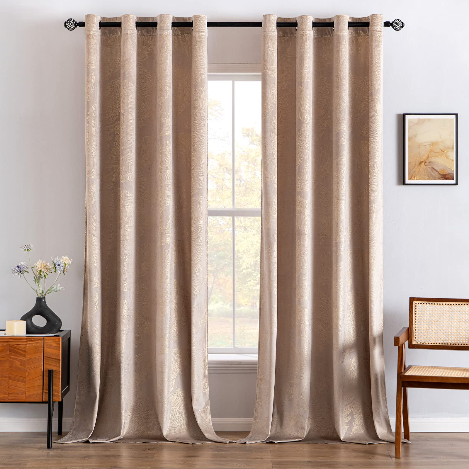 MIULEE Velvet Curtains with Gold Foil Leaves Pattern, 2 Beige Velvet Curtains with Eyelets, Each 55 x 110 Inch, Room Darkening Drapes for Classical Living Room Bedroom