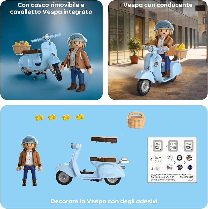 | Veicoli | 80 anni di Vespa: stile iconico | Vespa anniversario azzurro chiaro con personaggio alla moda, cestino e foglio di adesivi | Giocattolo per bambini dai 5 anni in su | 72284