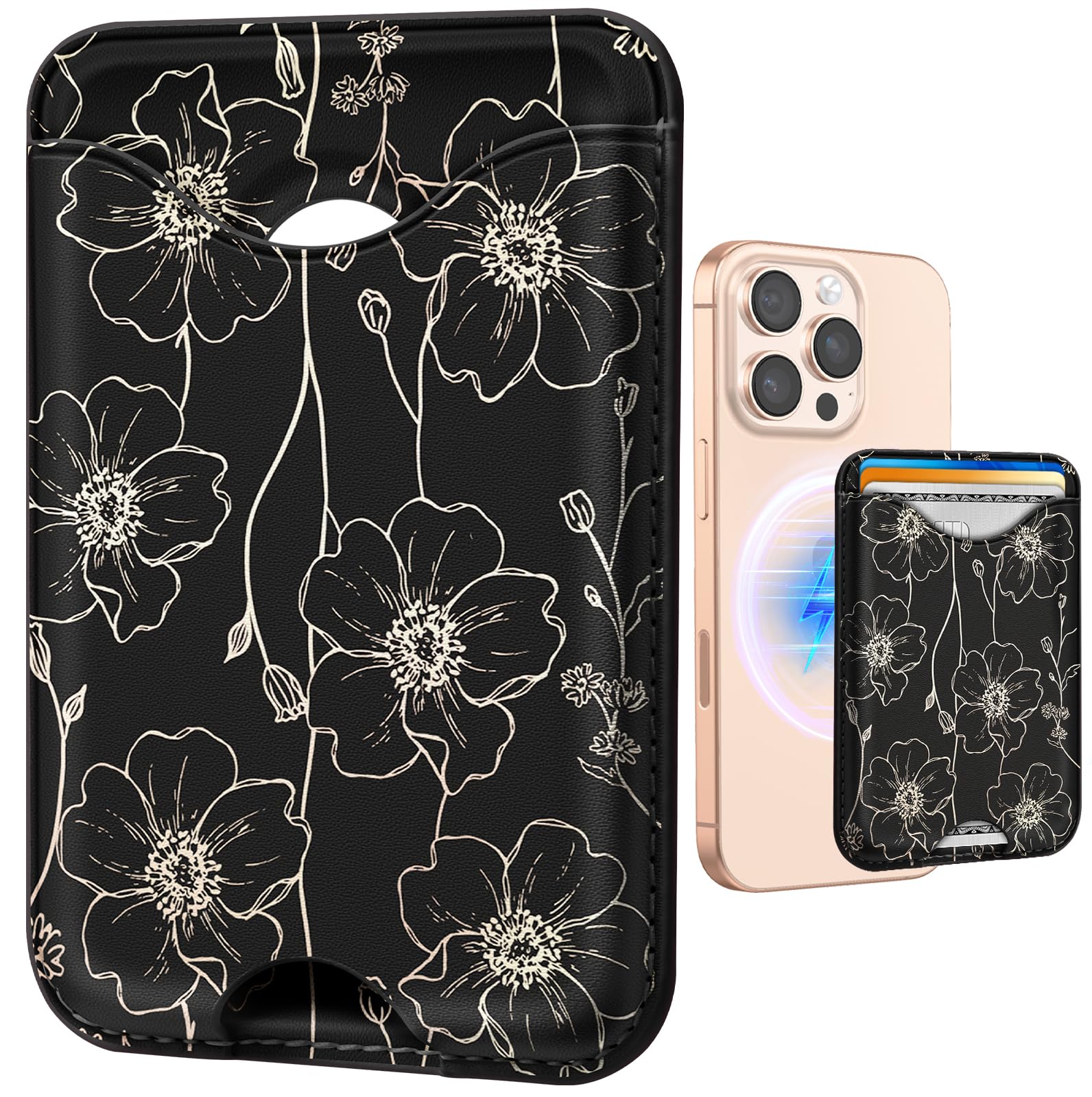 Shorogyt Compatible with Magsafe Wallet Magnetic Card Holder - Line Flower Phone Wallets for Women Teen Girls Cute for iPhone 17/16/15/14/13/12 Series Slim for Apple Mag RFID Magnet, Fit 3 Cards