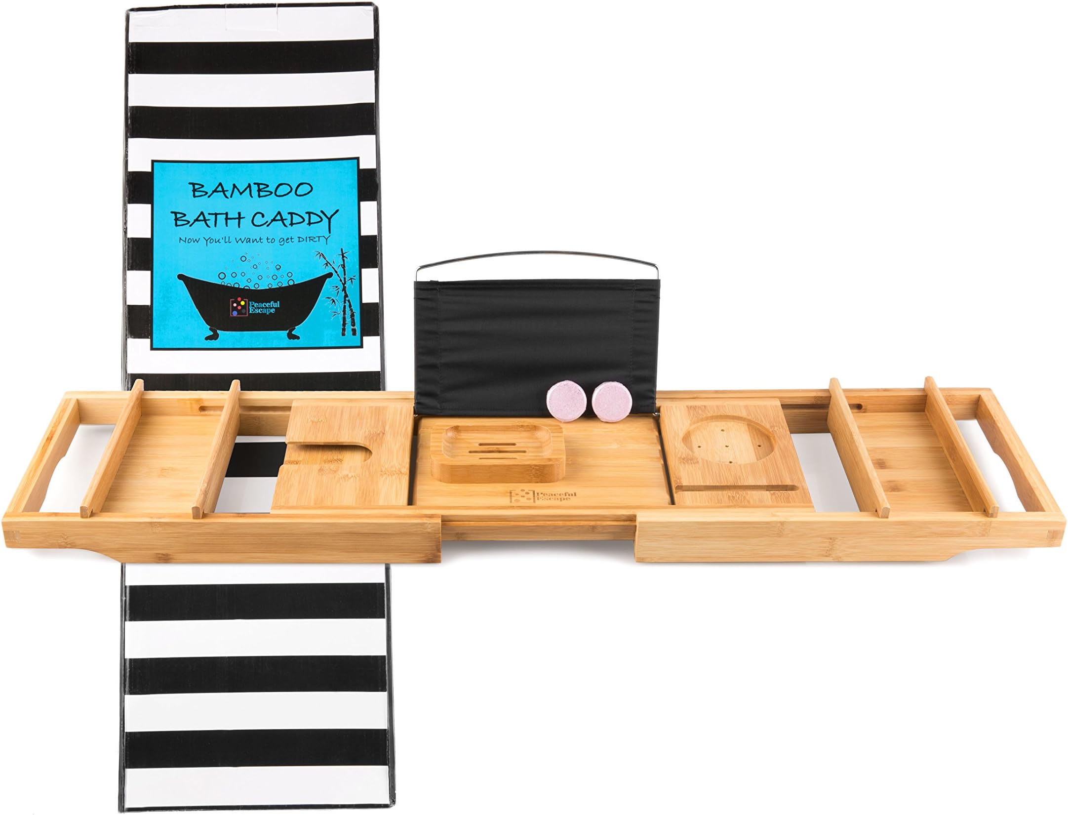 Peaceful Escape Bamboo Bathtub Tray, Bath Caddy for Tub, Bed Teak Tray Organizer, Deluxe spa for 1 or 2, Complimentary Soap Holder, Bonus Lavender Bath-Bomb and More! Gift for her, Gift for him