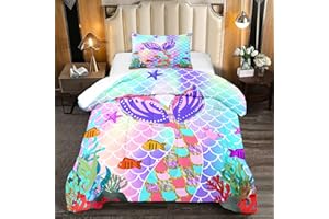 kodhyvj Mermaid Tail Comforter Set Twin for Kids Girls Bedroom, Rainbow Mermaid Fish Scale Comforter Set Twin Bed in a Bag, Glitter Mermaid Printed Pattern Bedding Decor 1 Comforter 1 Pillowcase