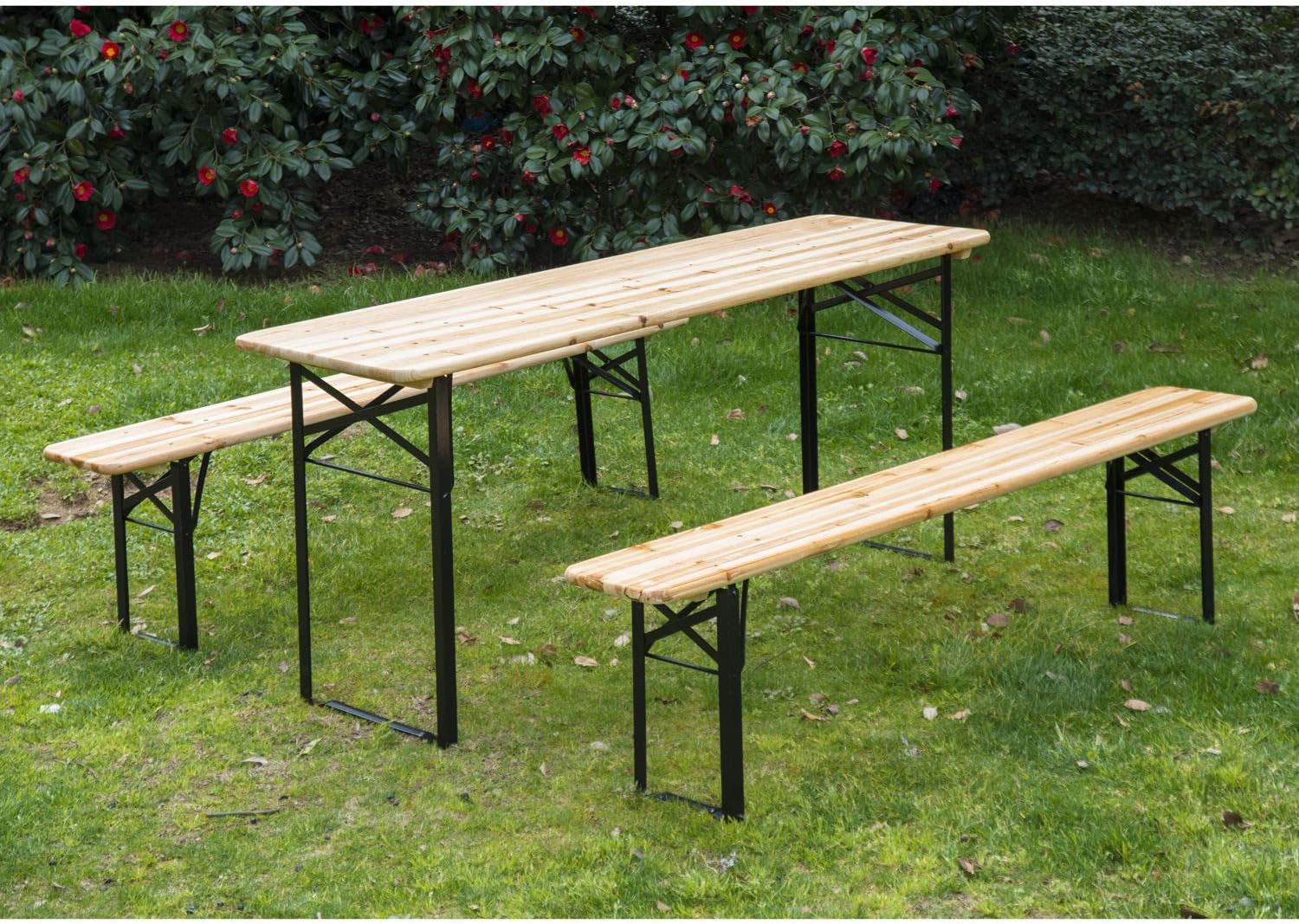 WealthyPlaza Patio Outdoor Folding Picnic Bench Set 3Pcs Wooden Beer Table Chair Porch Garden Yard Furniture Deck