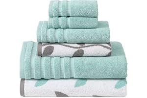 Modern Threads Organic Vines 6-Piece 100% Cotton Towel Set – Yarn Dyed Jacquard & Solid – Includes 2 Bath Towels, 2 Hand Towels, 2 Washcloths – Absorbent, Quick Dry, Soft & Durable – Aqua