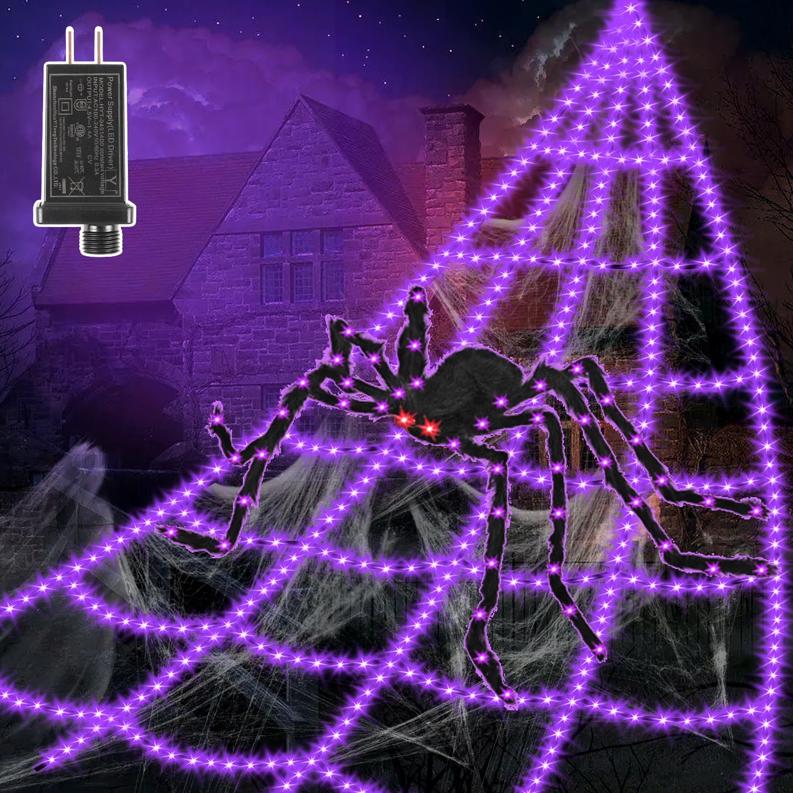 Photo 1 of **LIGHTS DO NOT WORK**PARTS ONLY***Halloween Decorations Outdoor Spider Web Lights - 16.4Ft Light Up Spider Web with 550 LEDs, Waterproof, 8 Modes Memory Function for Outdoor Yard Halloween Decorations (with Spider)