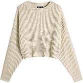DENSSYNE Cute Crew Neck Batwing Cropped Sweater for Women Fall Winter Casual Soft Knitted Semi Short Pullover Tops